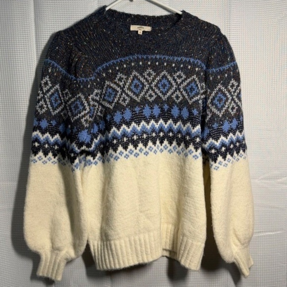 Entro Fair Isle Knit Sweater‎ Small Blue White Puff Sleeve T15141